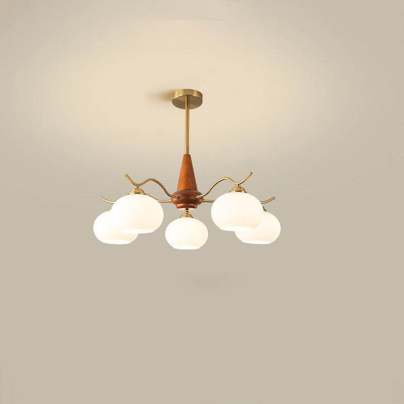 Traditional French Iron Wood Glass Elliptical Shade 5/6/8-Light Chandelier For Living Room