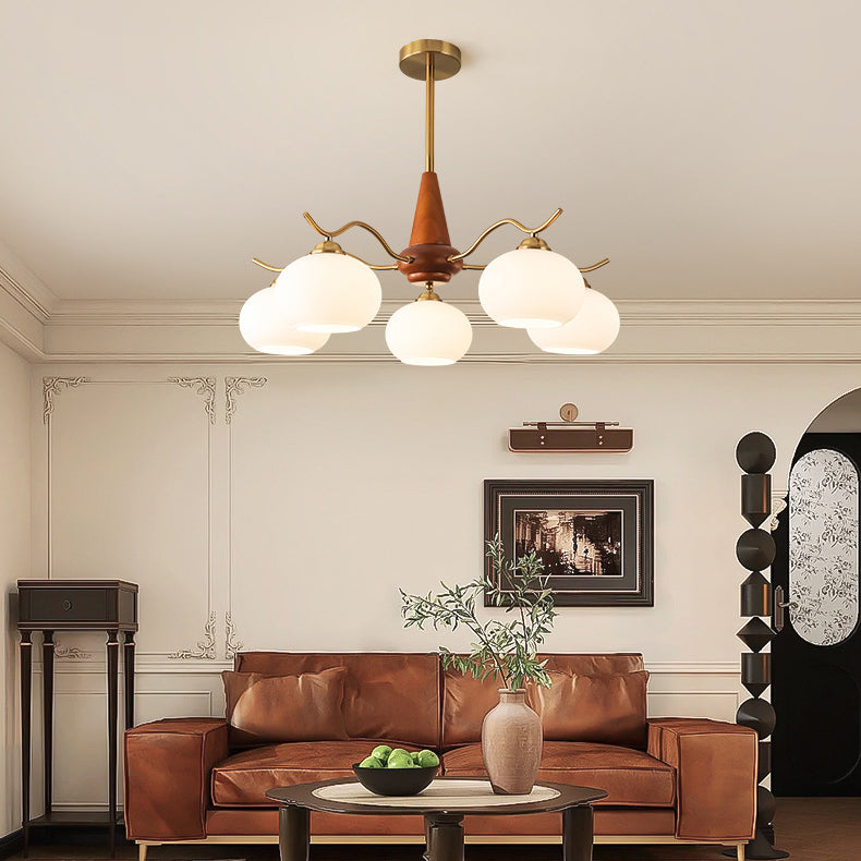 Traditional French Iron Wood Glass Elliptical Shade 5/6/8-Light Chandelier For Living Room