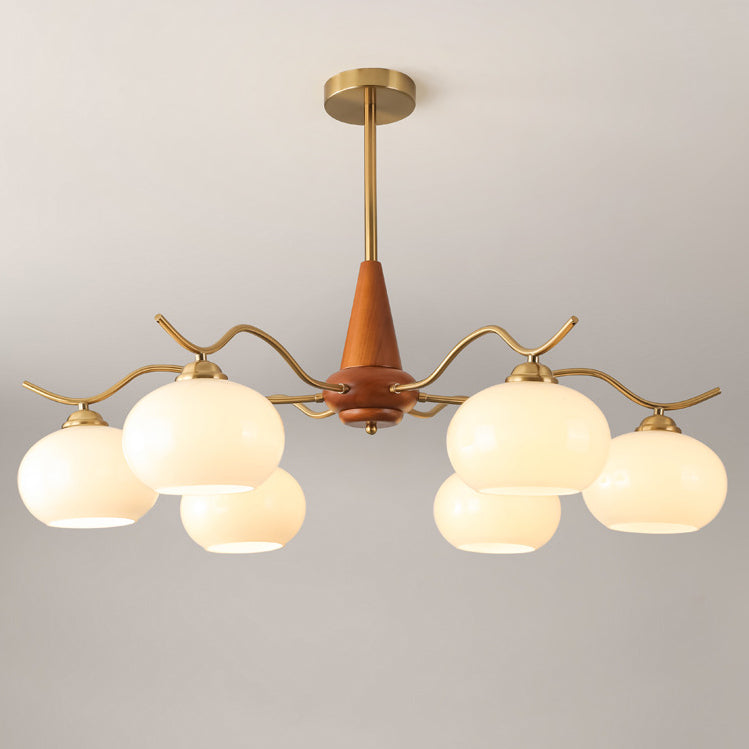 Traditional French Iron Wood Glass Elliptical Shade 5/6/8-Light Chandelier For Living Room