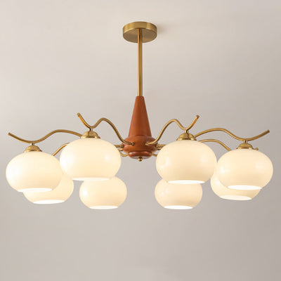Traditional French Iron Wood Glass Elliptical Shade 5/6/8-Light Chandelier For Living Room