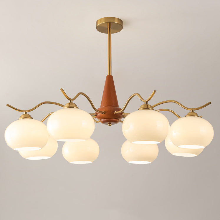 Traditional French Iron Wood Glass Elliptical Shade 5/6/8-Light Chandelier For Living Room