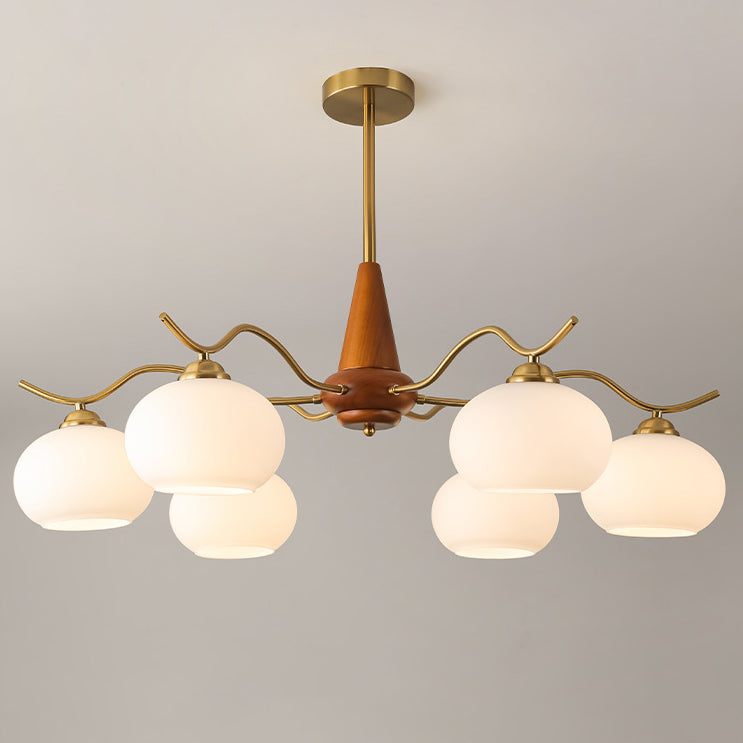 Traditional French Iron Wood Glass Elliptical Shade 5/6/8-Light Chandelier For Living Room