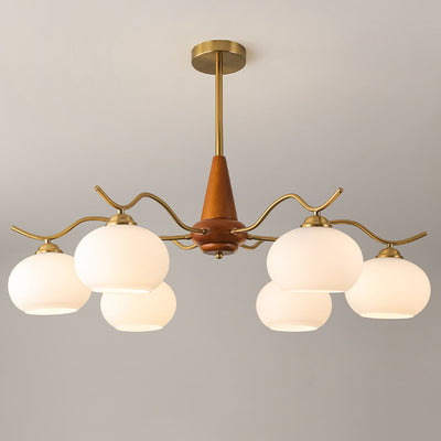 Traditional French Iron Wood Glass Elliptical Shade 5/6/8-Light Chandelier For Living Room