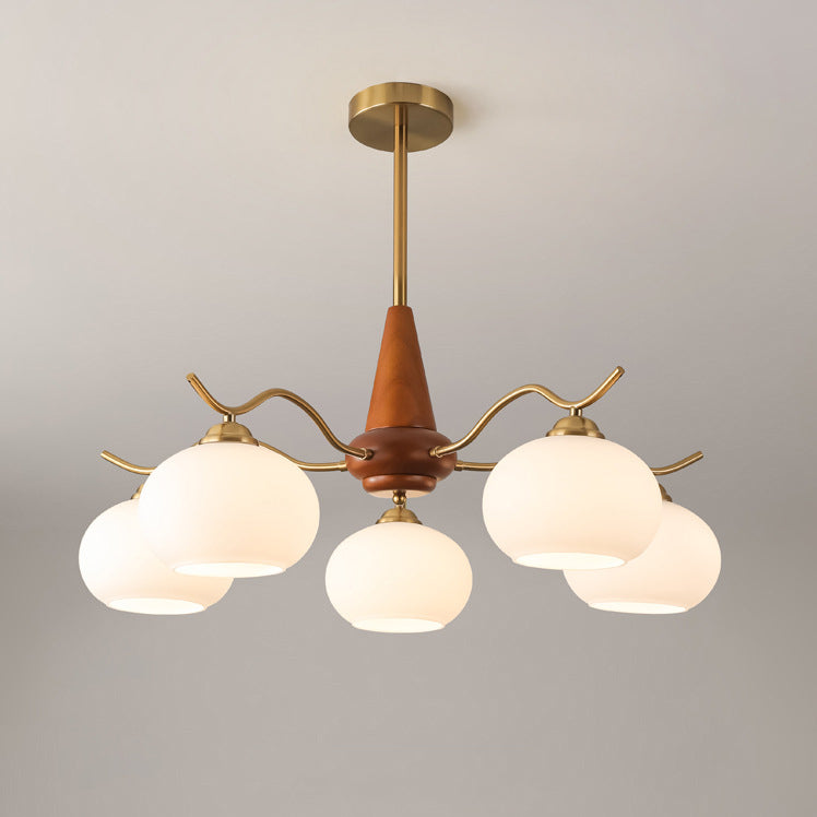 Traditional French Iron Wood Glass Elliptical Shade 5/6/8-Light Chandelier For Living Room