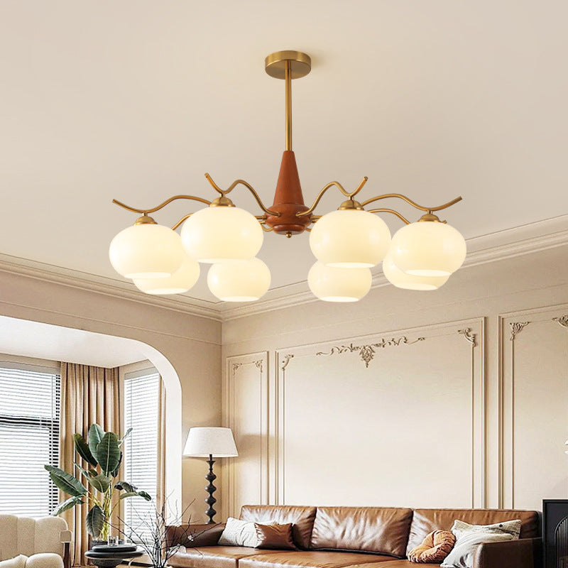 Traditional French Iron Wood Glass Elliptical Shade 5/6/8-Light Chandelier For Living Room