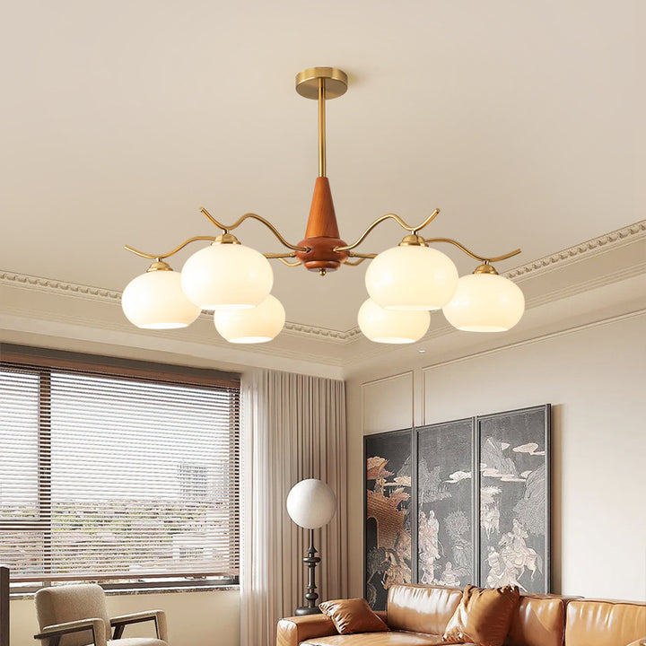 Traditional French Iron Wood Glass Elliptical Shade 5/6/8-Light Chandelier For Living Room
