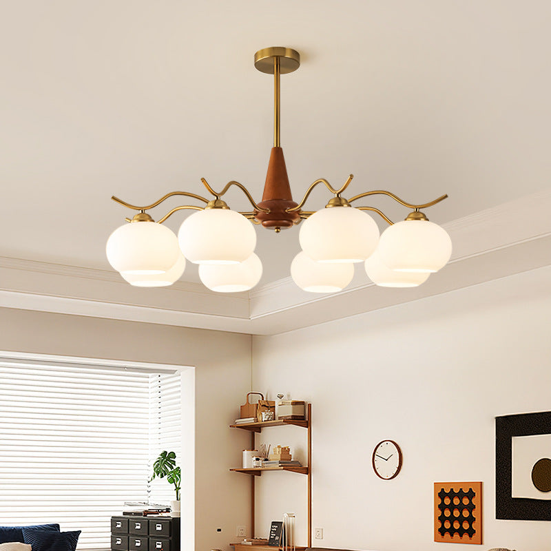 Traditional French Iron Wood Glass Elliptical Shade 5/6/8-Light Chandelier For Living Room