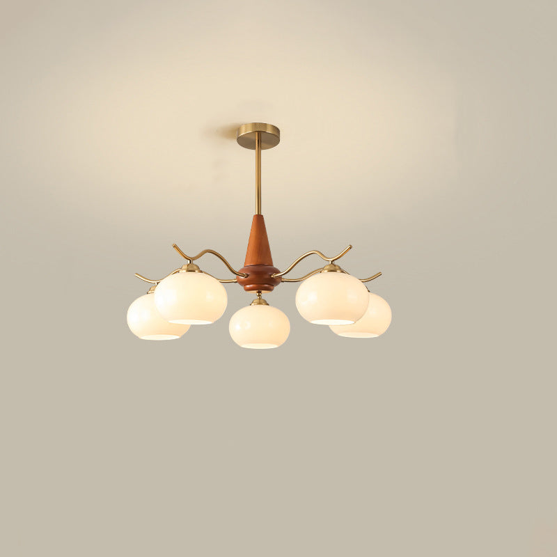 Traditional French Iron Wood Glass Elliptical Shade 5/6/8-Light Chandelier For Living Room