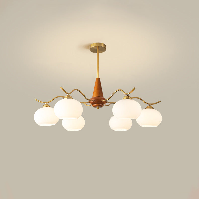 Traditional French Iron Wood Glass Elliptical Shade 5/6/8-Light Chandelier For Living Room