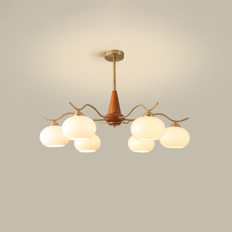 Traditional French Iron Wood Glass Elliptical Shade 5/6/8-Light Chandelier For Living Room
