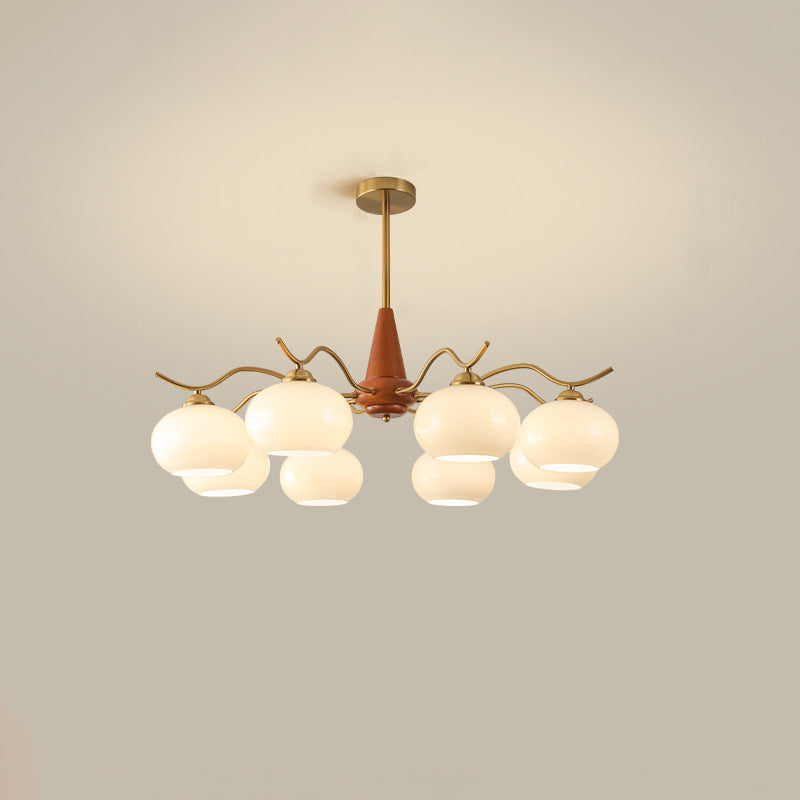 Traditional French Iron Wood Glass Elliptical Shade 5/6/8-Light Chandelier For Living Room