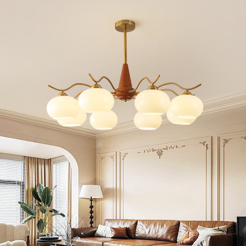 Traditional French Iron Wood Glass Elliptical Shade 5/6/8-Light Chandelier For Living Room