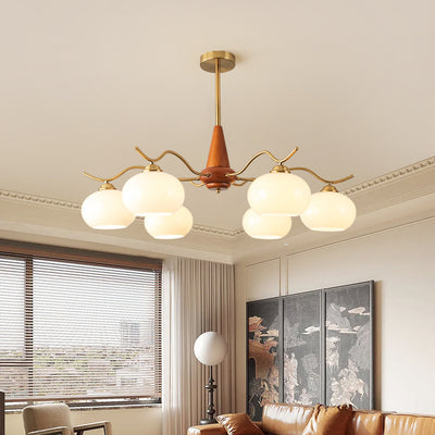 Traditional French Iron Wood Glass Elliptical Shade 5/6/8-Light Chandelier For Living Room