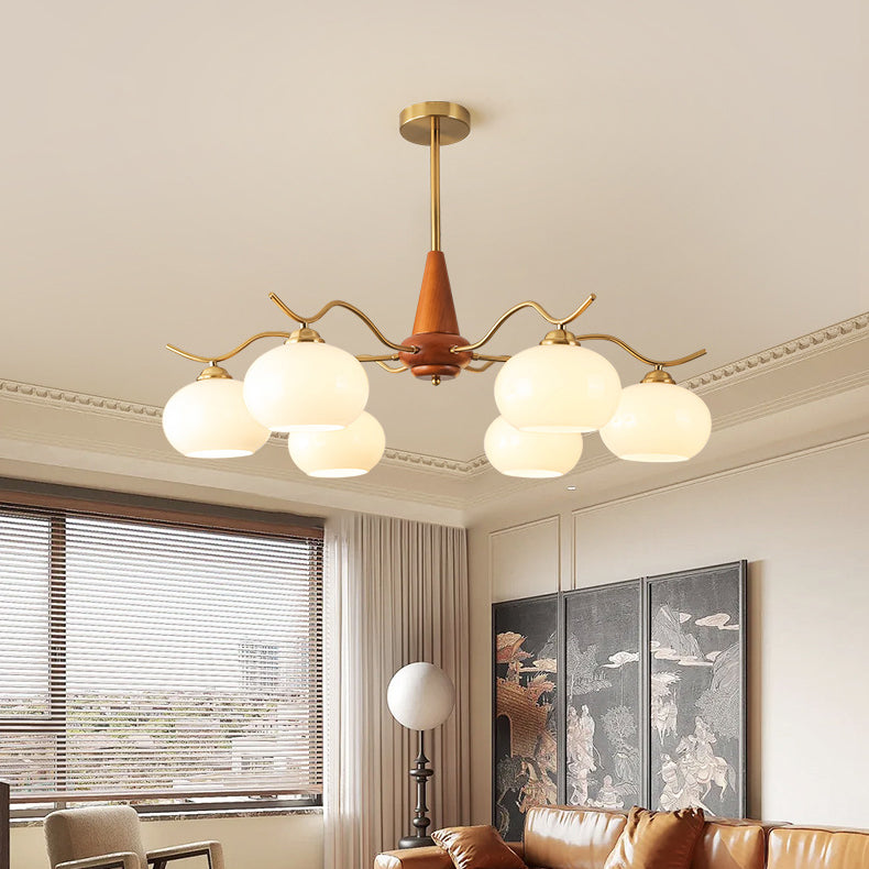 Traditional French Iron Wood Glass Elliptical Shade 5/6/8-Light Chandelier For Living Room