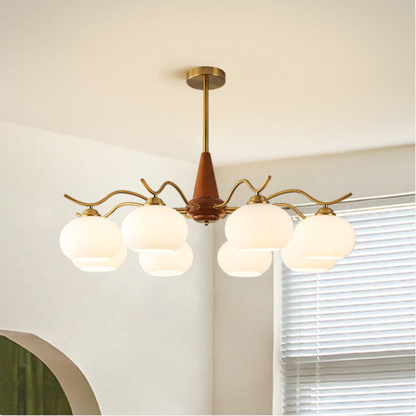 Traditional French Iron Wood Glass Elliptical Shade 5/6/8-Light Chandelier For Living Room