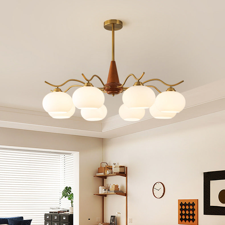 Traditional French Iron Wood Glass Elliptical Shade 5/6/8-Light Chandelier For Living Room