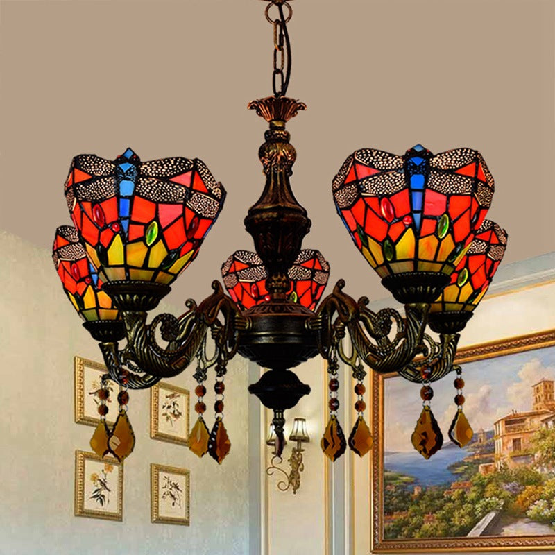 Traditional Tiffany Iron Alloy Glass Irregular Branch Cup-shaped 5-Light Chandelier For Living Room