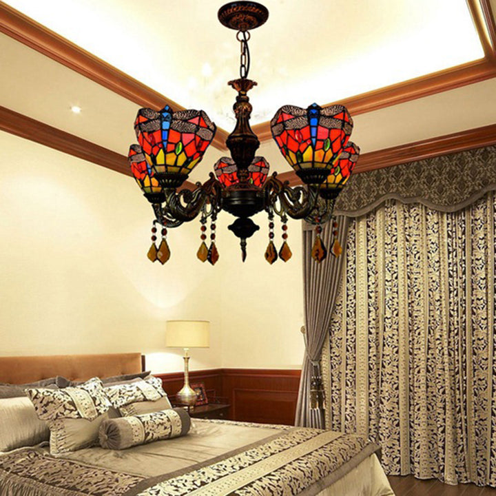 Lustre traditionnel en verre alliage de fer Tiffany à branches irrégulières en forme de coupe à 5 lumières pour salon 