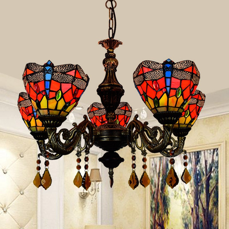 Lustre traditionnel en verre alliage de fer Tiffany à branches irrégulières en forme de coupe à 5 lumières pour salon 