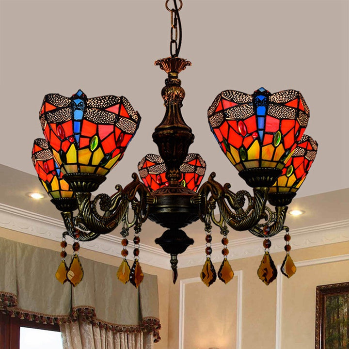 Traditional Tiffany Iron Alloy Glass Irregular Branch Cup-shaped 5-Light Chandelier For Living Room