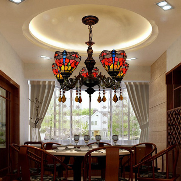 Traditional Tiffany Iron Alloy Glass Irregular Branch Cup-shaped 5-Light Chandelier For Living Room