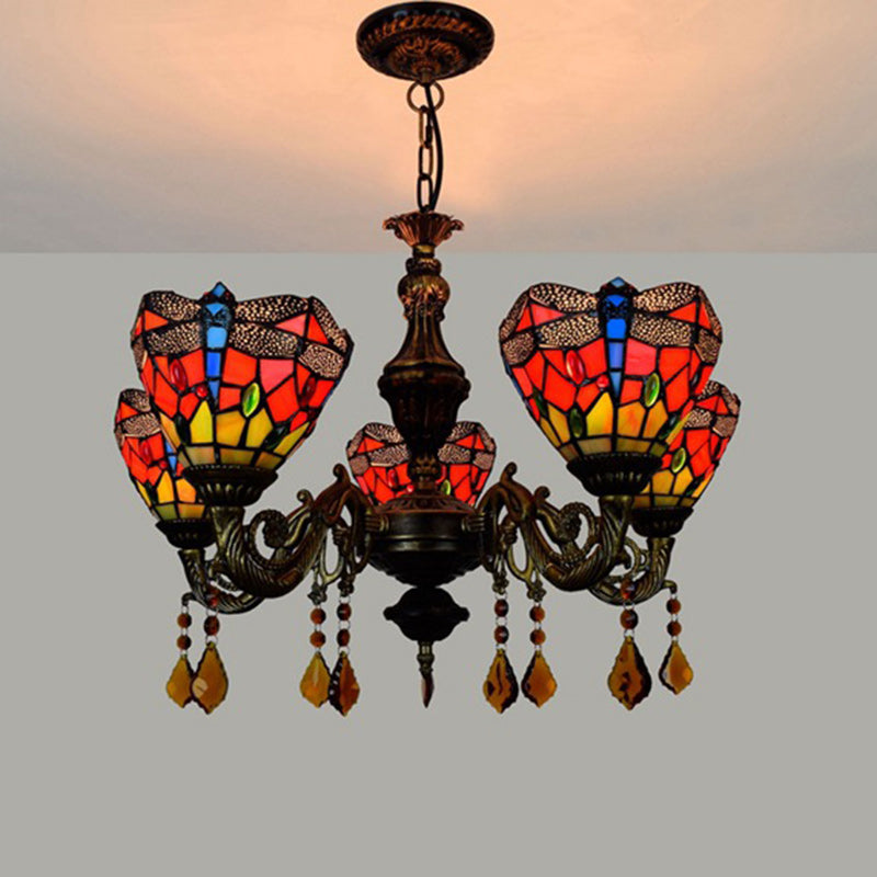 Lustre traditionnel en verre alliage de fer Tiffany à branches irrégulières en forme de coupe à 5 lumières pour salon 