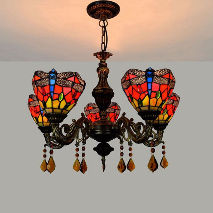 Lustre traditionnel en verre alliage de fer Tiffany à branches irrégulières en forme de coupe à 5 lumières pour salon 
