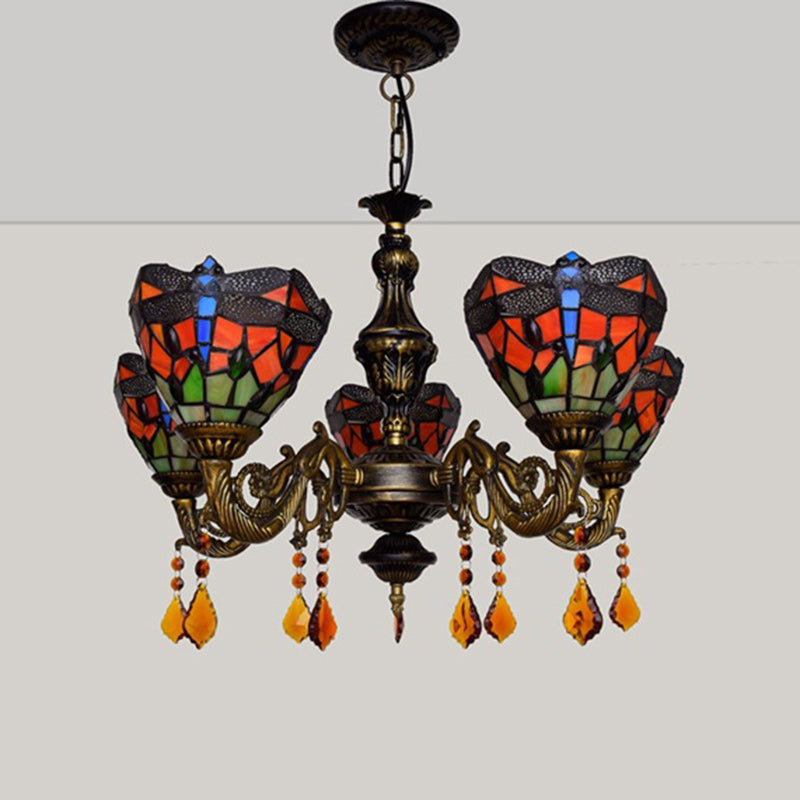 Lustre traditionnel en verre alliage de fer Tiffany à branches irrégulières en forme de coupe à 5 lumières pour salon 