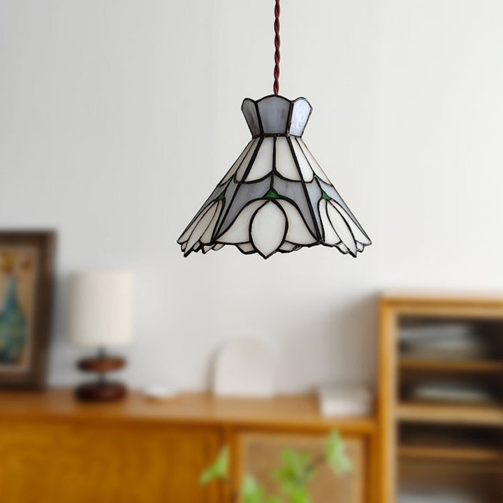 Suspension Luminaire à 1 Lumière Fleur en Cône en Verre Cuivré Vintage Traditionnel pour Salon 