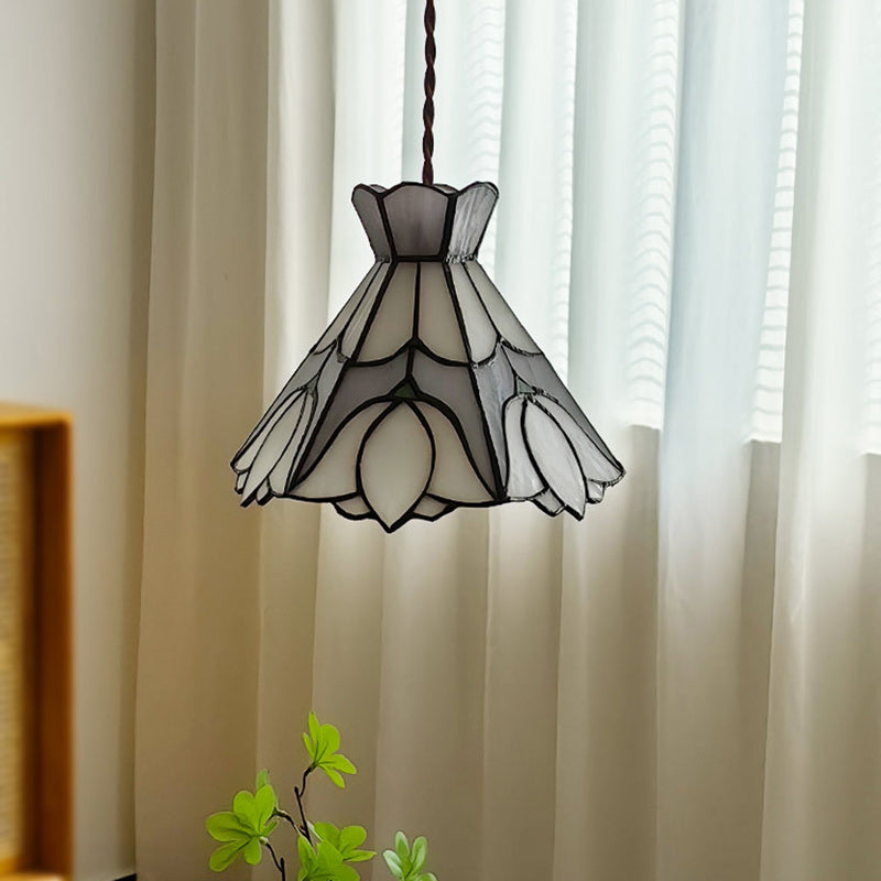 Suspension Luminaire à 1 Lumière Fleur en Cône en Verre Cuivré Vintage Traditionnel pour Salon 