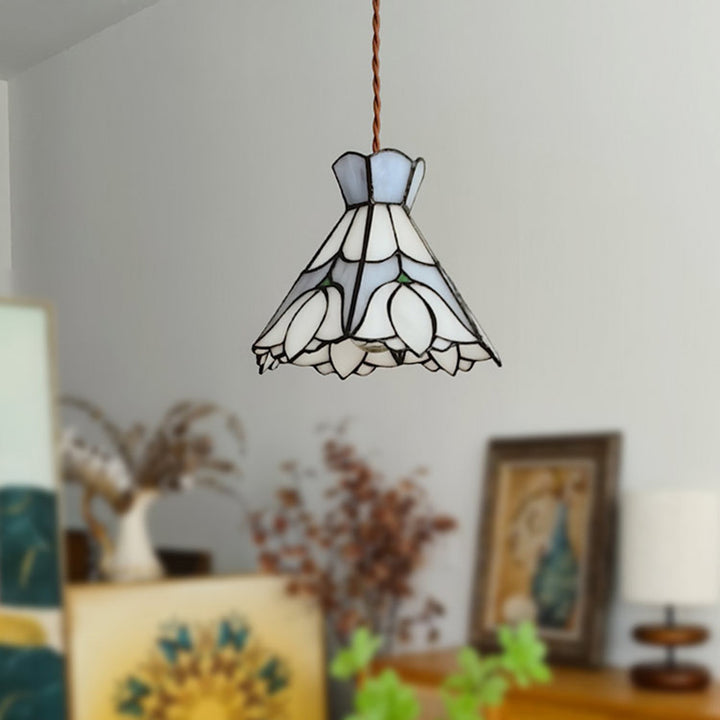 Suspension Luminaire à 1 Lumière Fleur en Cône en Verre Cuivré Vintage Traditionnel pour Salon 