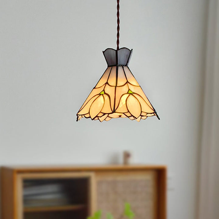 Suspension Luminaire à 1 Lumière Fleur en Cône en Verre Cuivré Vintage Traditionnel pour Salon 