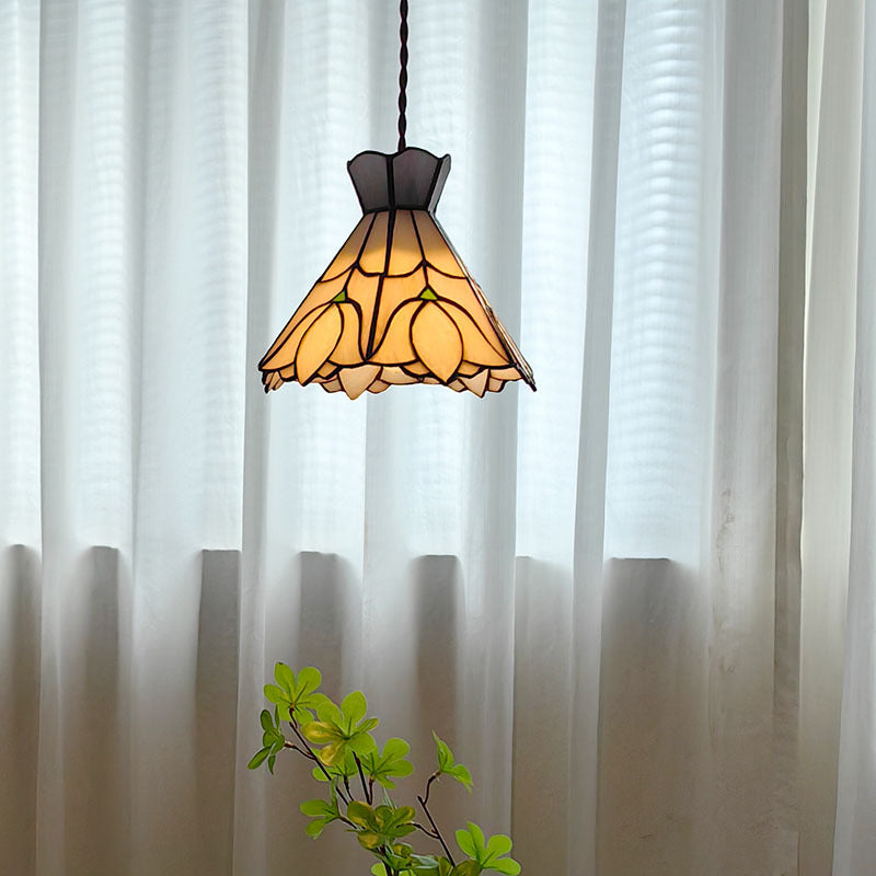 Suspension Luminaire à 1 Lumière Fleur en Cône en Verre Cuivré Vintage Traditionnel pour Salon 