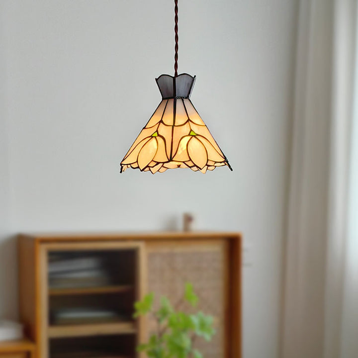 Suspension Luminaire à 1 Lumière Fleur en Cône en Verre Cuivré Vintage Traditionnel pour Salon 