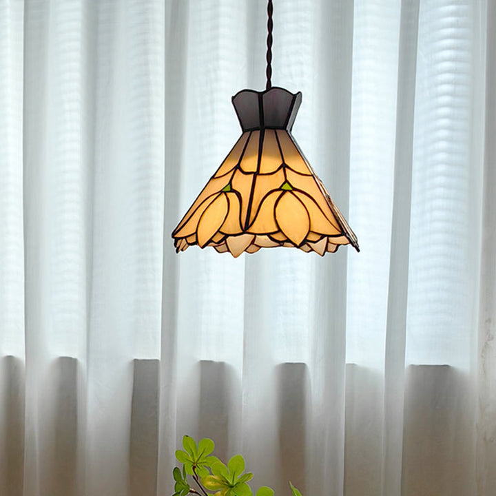 Suspension Luminaire à 1 Lumière Fleur en Cône en Verre Cuivré Vintage Traditionnel pour Salon 