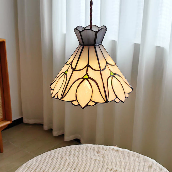 Suspension Luminaire à 1 Lumière Fleur en Cône en Verre Cuivré Vintage Traditionnel pour Salon 