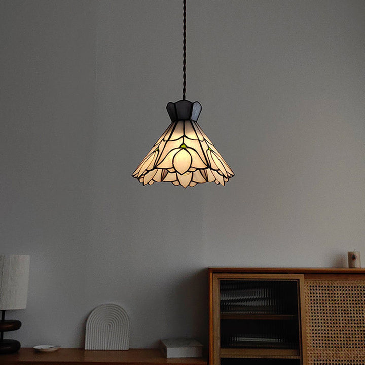 Suspension Luminaire à 1 Lumière Fleur en Cône en Verre Cuivré Vintage Traditionnel pour Salon 