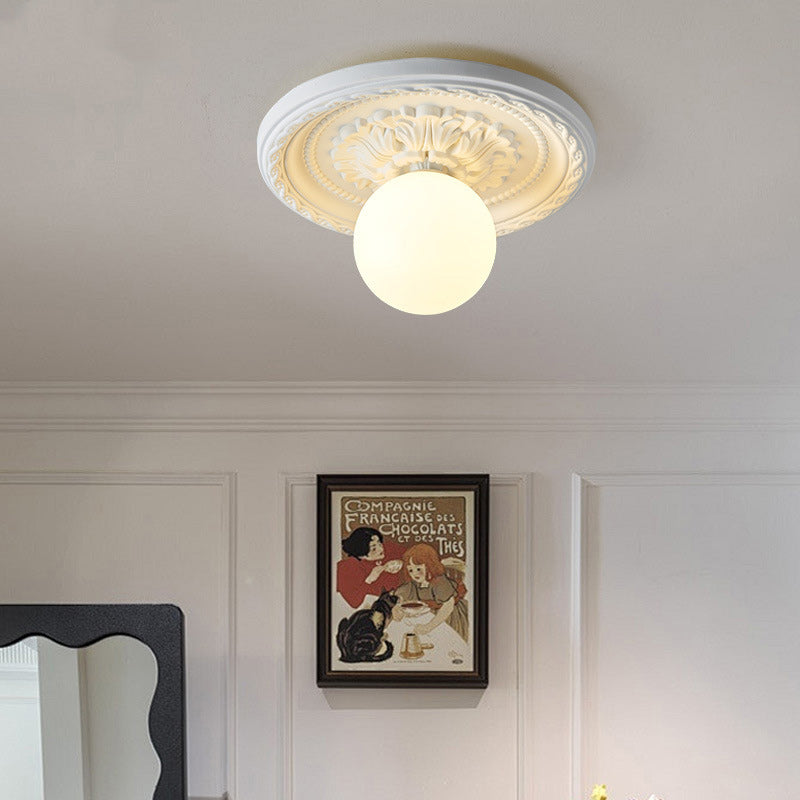 Traditional French Resin Plastic Engraved Floral Round 1-Light Flush Mount Ceiling Light For Hallways