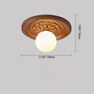 Traditional French Resin Plastic Engraved Floral Round 1-Light Flush Mount Ceiling Light For Hallways