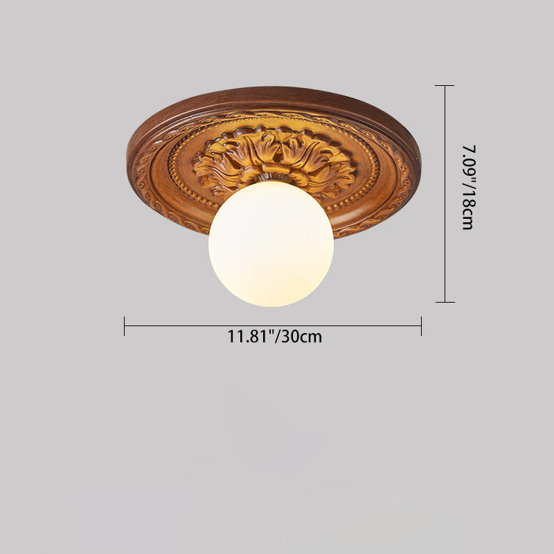Traditional French Resin Plastic Engraved Floral Round 1-Light Flush Mount Ceiling Light For Hallways