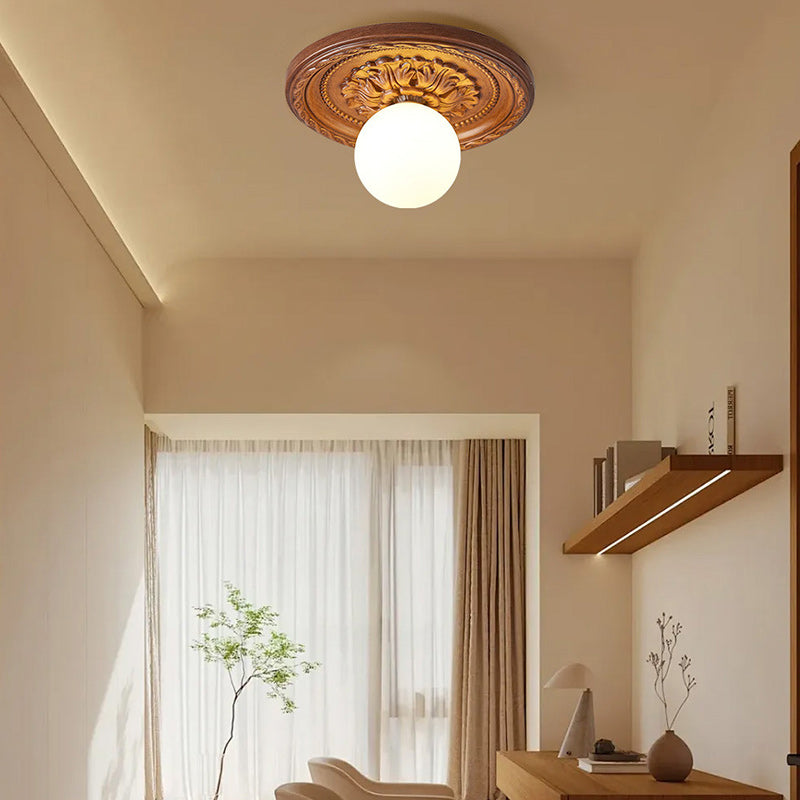Plafonnier rond 1 lumière en résine plastique traditionnelle française gravée de motifs floraux pour couloirs 