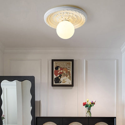 Traditional French Resin Plastic Engraved Floral Round 1-Light Flush Mount Ceiling Light For Hallways