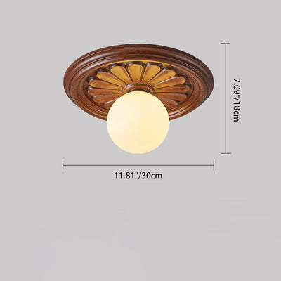 Traditional French Resin Plastic Round Carved Leaf Globe 1-Light Flush Mount Ceiling Light For Hallways