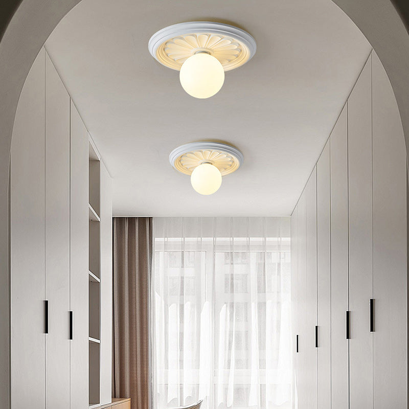 Traditional French Resin Plastic Round Carved Leaf Globe 1-Light Flush Mount Ceiling Light For Hallways