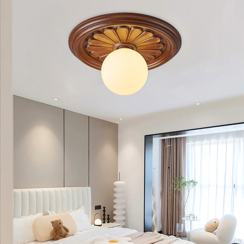 Traditional French Resin Plastic Round Carved Leaf Globe 1-Light Flush Mount Ceiling Light For Hallways