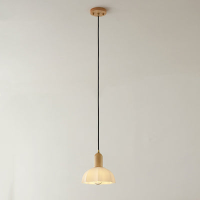 Zeitgenössische nordische Messing-Glas-Holz-Rundkuppel 1-Licht Pendelleuchte für Wohnzimmer 