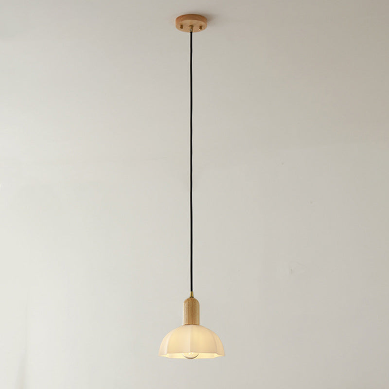 Zeitgenössische nordische Messing-Glas-Holz-Rundkuppel 1-Licht Pendelleuchte für Wohnzimmer 