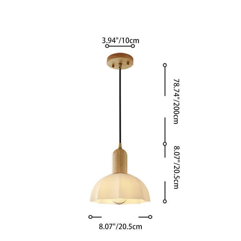 Zeitgenössische nordische Messing-Glas-Holz-Rundkuppel 1-Licht Pendelleuchte für Wohnzimmer 