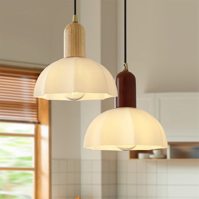 Zeitgenössische nordische Messing-Glas-Holz-Rundkuppel 1-Licht Pendelleuchte für Wohnzimmer 