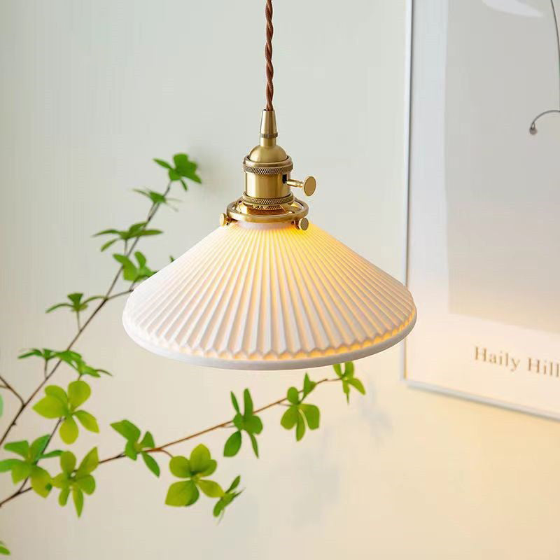 Traditional Japanese Brass Ceramic Cone Line 1-Light Pendant Light For Bedroom